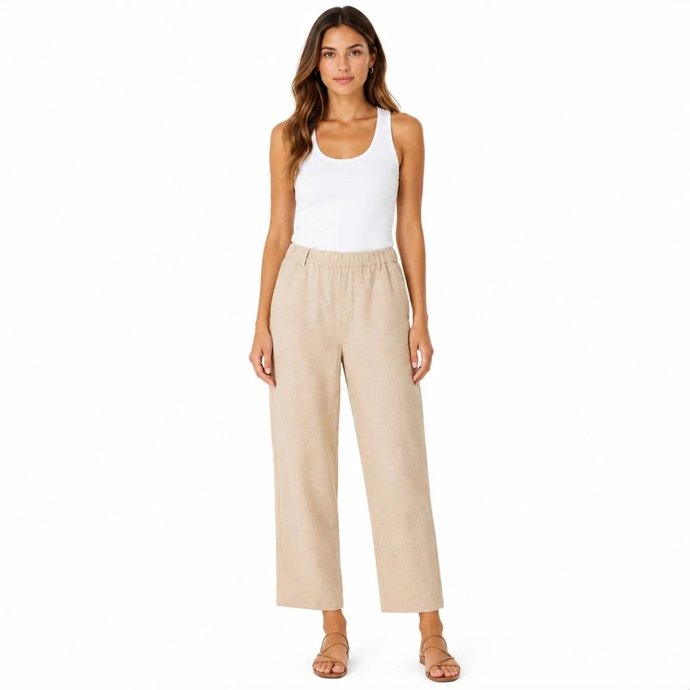 Quince European Linen Wide Leg Pants Driftwood Beige Elastic Waist XL